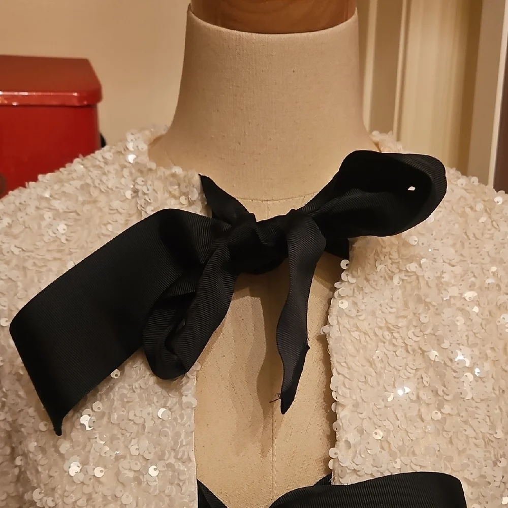 H&M White Sequin Cropped Jacket with Black Ribbon Bows - Picture 2 of 6